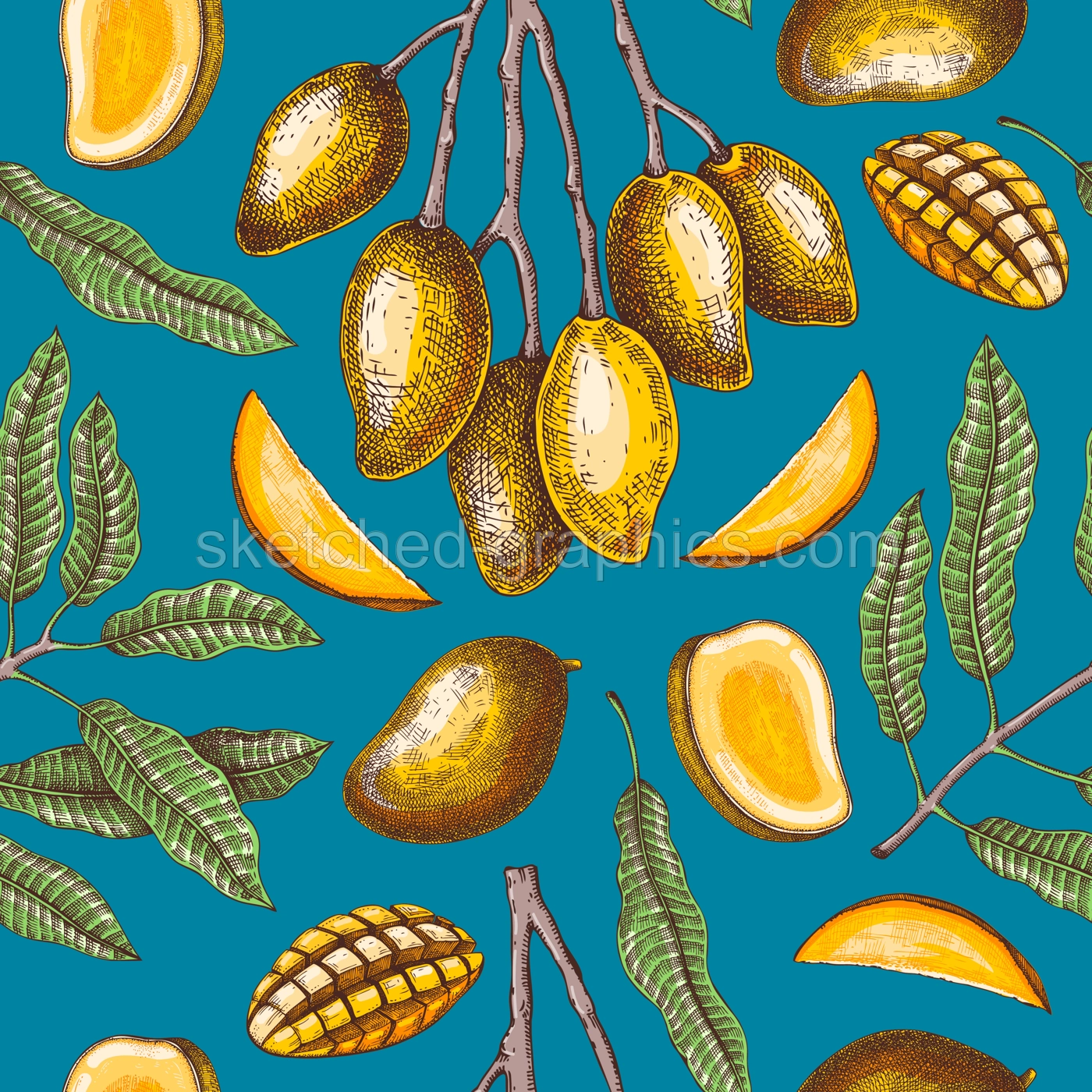 Tropical fruit seamless pattern. Ripe mango sketch. Hand-drawn vector illustration. Exotic plant background. Collage style design. NOT AI generated Illustration
